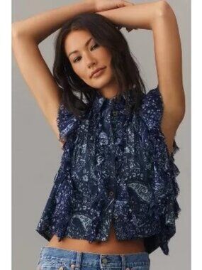 Pilcro Navy Denim Button Down Floral Ruffle Top